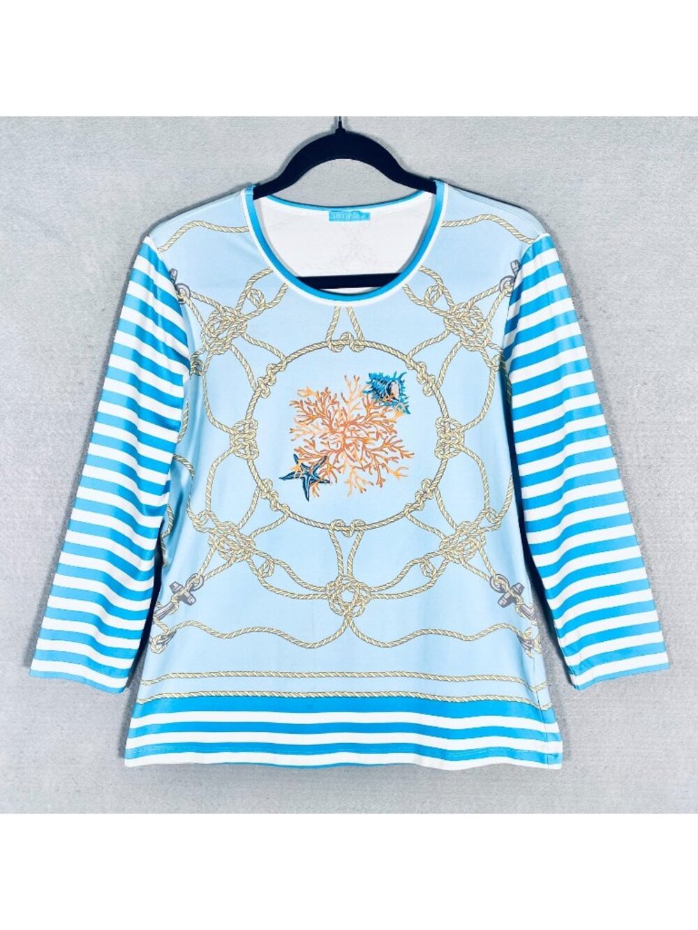 J Mclaughlin Top Womens M Blue Catalina Cloth Chain Print Blouse Liquid Knit